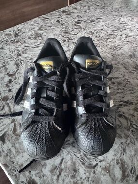 adidas Kids Black & White Shell-Toe Sneakers with Gold Logo